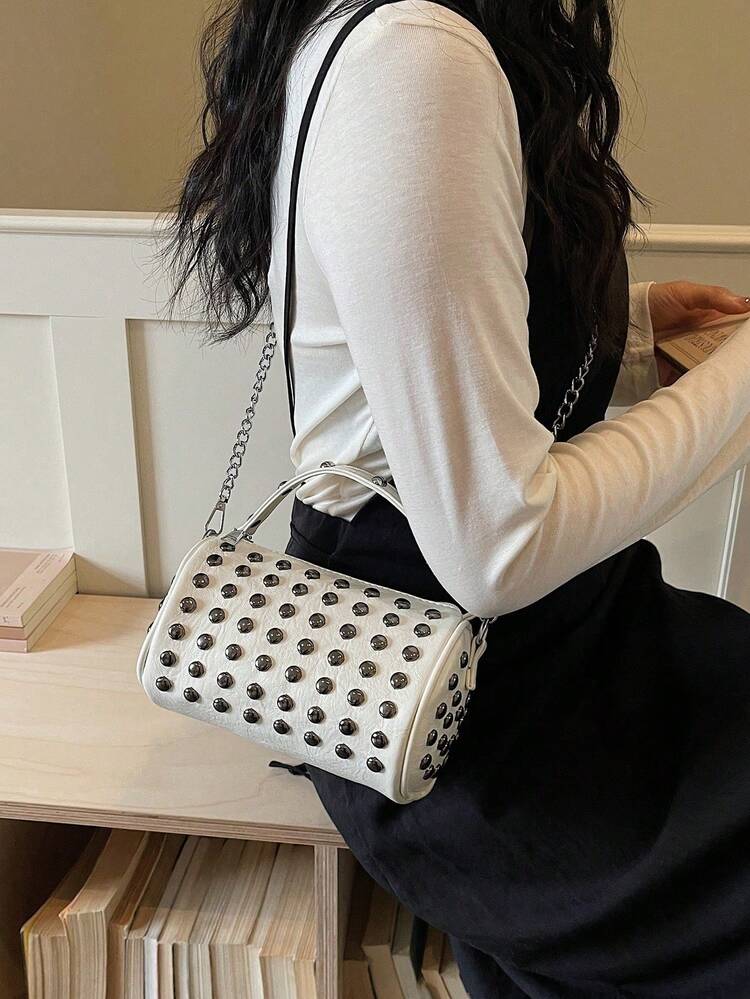Women's Round Bucket Bag, Fashion Sparkling Rhinestone Evening Party Romantic Glamorous Elegant Unique Crossbody Black Bag - White - View 5