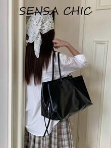 Solid Color Unadorned Oil Wax Crinkled Large Capacity Storage Zipper Closure Lazy High-End Shoulder Tote Bag Women's Daily Business Trip Commute Student Class Handbag Soft Leather Tote Bag - Black - View 4