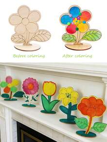 6/12pcs DIY 3D Wooden Flower Spring Art, Includes Unfinished Painted Wooden Flowers, Colorful Rhinestones, 12 Colored Pens, Painting Tools, Desktop Decoration, Suitable For Home Office, Wedding, Mother's Day Gift - Apricot - View 7