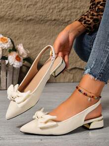 Women's Elegant Beige Bow Pointed Toe Slingback Sandals, Low Heel Fashion Closed Toe Back Strap Shoes For Home - Beige - View 5