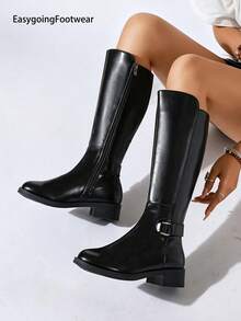 Women's Autumn/Winter Side Zipper Buckle Low Heel Riding Boots, Round Toe Comfortable, Easy To Care, Versatile For Party And Commute - Black - View 4