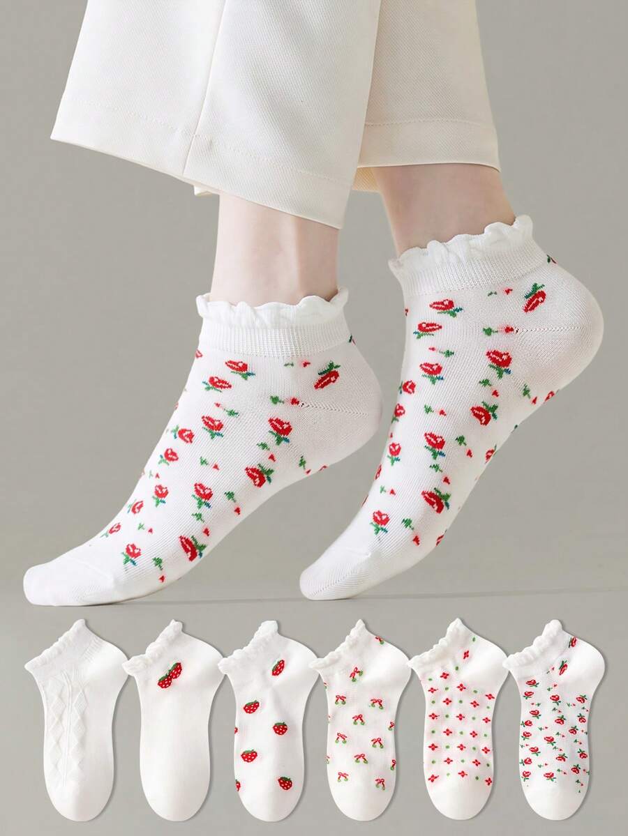 ZUJO 5 Pairs Women's Mesh Lace Ruffle Hollow Cable Knit Short Socks, Floral Bow Cherry Strawberry Pattern, Simple & Comfortable, Suitable For Spring, Autumn, Summer - Multicolor - View 1