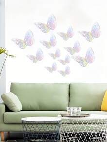 1 Pack (12pcs) Cardstock Laser Reflective Holographic Colorful Butterfly Decorative Stickers, Multi-Color 3D Hollow Butterfly Stickers For Home Wall, Birthday Party, Holiday DIY Decoration - 3D Butterfly - View 2