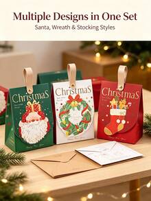 12pcs Christmas Flip-Top Gift Boxes, Santa Claus, Wreath, Christmas Stocking Printed Gift Bags, Faux Leather Handle With Rivets, Holiday Party Favor Candy Gift Packaging Bags - Multiple Styles - View 3