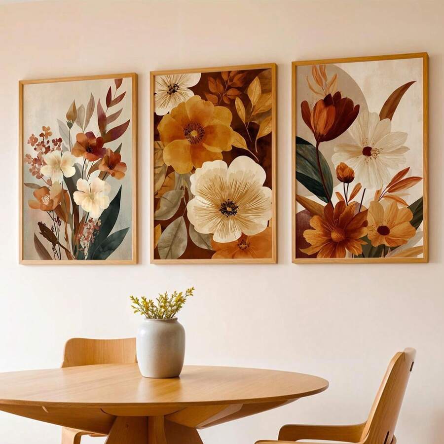 3 Piecesautumn Floral Wall Decor Set,Canvas Prints With Autumn Floral Patterns, In Bohemian, Botanical, Neutral, And Pastoral Styles, Suitable For Rustic Home Decor. - 3pcs/Set - View 1