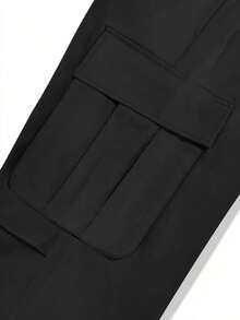 Women's Black Drawstring Waist Wide Leg Cargo Pants With Large Flap Pockets Casual Relaxed Fit Trousers For Daily Wear - Black - View 8