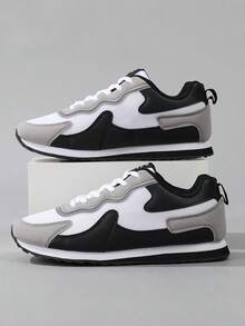 Men's Retro Low-Top Sneakers, Mesh And Synthetic Leather Patchwork, Lace-Up Closure, Suitable For Daily Walking, Commuting, Casual Wear - Black and White - View 2