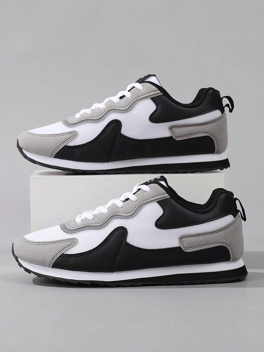 Men's Retro Low-Top Sneakers, Mesh And Synthetic Leather Patchwork, Lace-Up Closure, Suitable For Daily Walking, Commuting, Casual Wear - Black and White - View 1