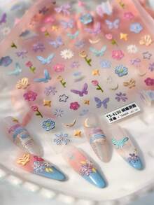 1pc French Oil Painting New Autumn Garden Embossed 3D Nail Stickers Butterfly Flower DIY Phone Case Nail Decals - Multicolor - View 1