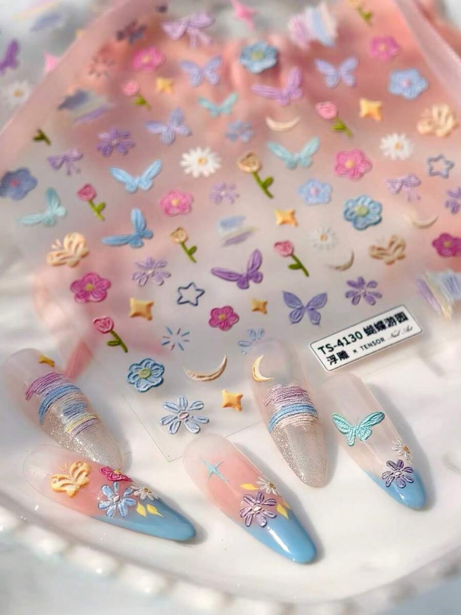1pc French Oil Painting New Autumn Garden Embossed 3D Nail Stickers Butterfly Flower DIY Phone Case Nail Decals - Multicolor - View 1
