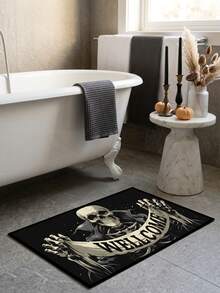 1PC Black Background White Skull Letter Pattern Entry Door Mat, Dark Gothic Style Crystal Velvet Rectangular Skull Skeleton WELLCOME Banner Detail Machine Washable Door Mat, Suitable For Halloween Party Entrance Garden Decoration - Multicolor - View 4