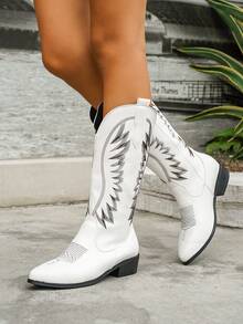 Women's Classic Black Leather Western Cowboy Boots With Silver Embroidery Pointed Toe Low Heel - White - View 3