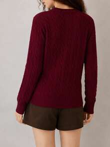 Women's Autumn/Winter Casual Minimalist Classic Thin Striped Design Loose Round Neck Pullover Sweater - Magenta - View 2