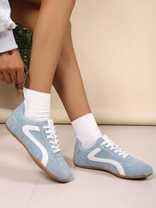 Light Blue Vintage Style Flat Sneakers, Women's Casual Lace-Up Front Shoes - Light Blue - View 5