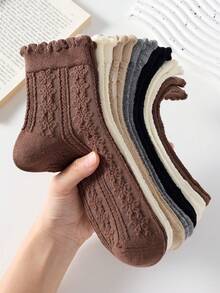 5 Pairs Elegant Solid Color Floral Embossed Pattern Women's Mid-Calf Socks, Non-Slip Soft Comfortable, Suitable For Autumn/Winter - Multicolor - View 1