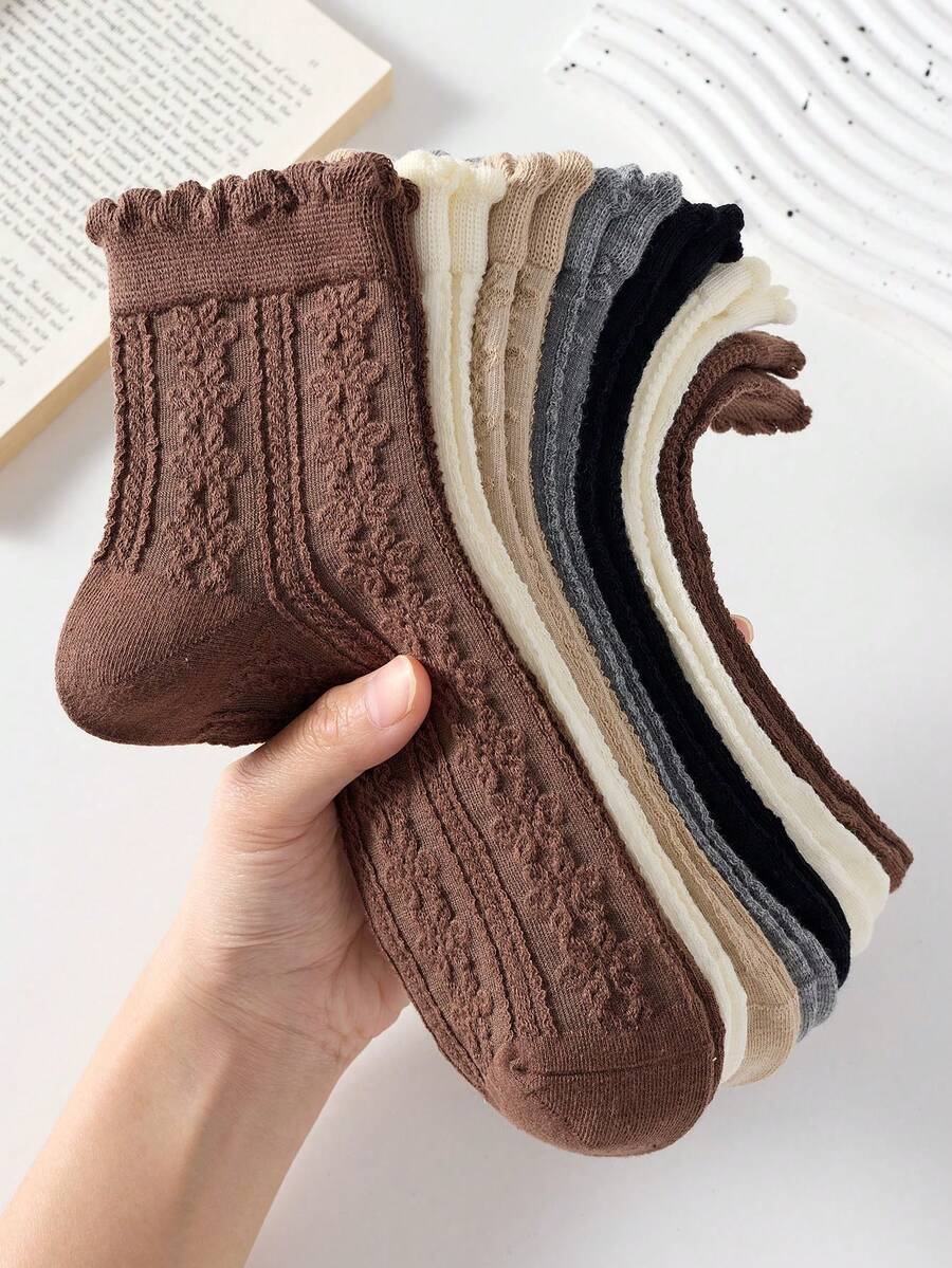 5 Pairs Elegant Solid Color Floral Embossed Pattern Women's Mid-Calf Socks, Non-Slip Soft Comfortable, Suitable For Autumn/Winter - Multicolor - View 1