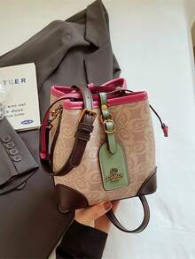 Printed Women's Bucket Bag, Versatile Fashion Handbag, 2026 New Design Shoulder Crossbody Drawstring Bag - Hot Pink - View 12