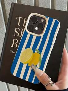1pc Blue & White Vertical Stripe Lemon Print Phone Case, Faux Leather Texture TPU Protective Cover, Anti-Drop Anti-Scratch Lightweight Phone Shell, Summer Fresh Fruit Pattern Phone Case, Compatible With 16 Pro Max, 16, 16 Pro, 16 Plus, 14 Pro Max, 17, 17 Pro, 17 Pro Max, Romantic Gift For Girlfriend, Cute Daily Gift - White - View 3