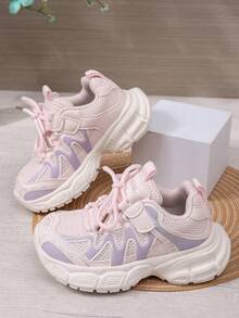 Children's Mesh Chunky Sneakers, Pink & Purple Colorblock Soft Sole Anti-Slip Hook & Loop Girls' Lightweight Casual Sports Shoes - Pink - View 2