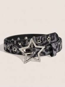 Women's Y2K Style Starry Series Sparkling Diamond Carved Hollow Metal Star Belt, Suitable For Daily Use - Grey Leopard Stars - View 1