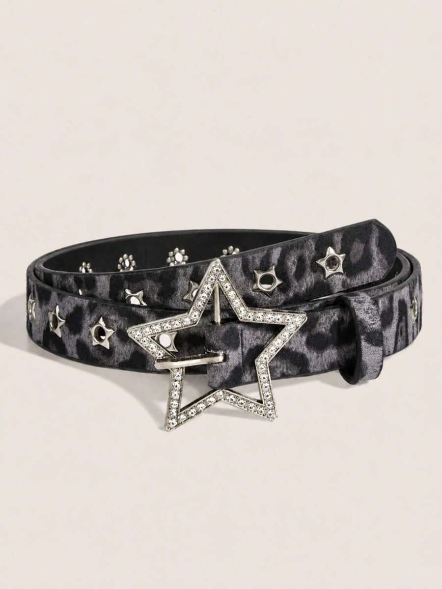 Women's Y2K Style Starry Series Sparkling Diamond Carved Hollow Metal Star Belt, Suitable For Daily Use - Grey Leopard Stars - View 1