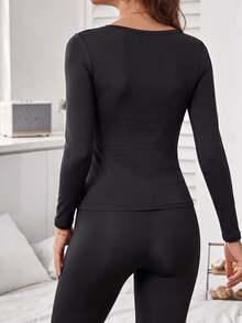 1 Set Women's Autumn/Winter Skin-Care Base Layer, 2-In-1 With Built-In Padding, Comfortable Minimalist Slimming Thermal Underwear Set - Black - View 3