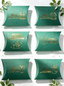 12PCS/Christmas Pillow Gift Boxes, Gold Foil Hot Stamping Xmas Treat Candy Boxes, 4.53*2.76 Inch Green Paper Favor Boxes, 6 Assorted Christmas Patterns For Party Small Gift Cookie Packaging - View 1