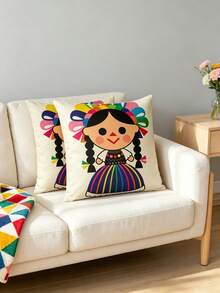 1pc Mexican Girl Character Pillow Case, Vibrant Striped Cartoon Design, Fun Style Home Decor, Double-Sided Print, Perfect For Decorating Your Home, Suitable For Bedroom, Living Room, Sofa, Bed, Car, Party And Various Scenes (Pillow Insert Not Included) - Multicolor - View 2