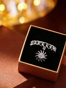 1pc Niche Luxury Sun Pendant Chain Ring, Cuban Chain Open Ring Band, Sun Pendant Design, Personalized Accessory Gift Jewelry For Women - Ring - View 4