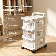3-Tier Transparent Drawer Storage Cart With Removable Handle And 360° Swivel Wheels, 3 Colors Available, Rolling Organizer Cart With Clear Pull-Out Drawers For Bathroom, Kitchen, Bedroom, Office, Laundry Room And Home Storage - White - View 10