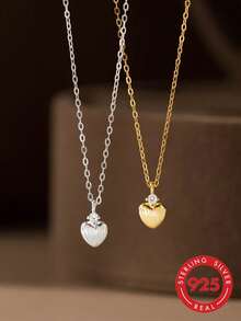 1pc Exquisite Women's Jewelry S925 Sterling Silver Niche Minimalist Same Style Necklace With Rhinestone Brushed Heart Pendant, Suitable For Daily Wear - #1 - View 11