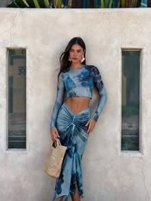 Women's Tie-Dye Two Pieces Set With Tie Details. The Drawstring Ruched Midi Skirt Accentuates Waist And Hip Curves, Perfect For Casual Vacation Looks. Beach Summer - Blue - View 2