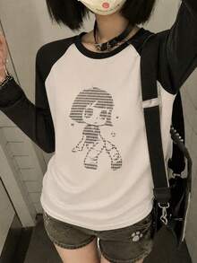 1pc Y2K Korean Japanese Ins Style Women's Color Block Raglan Sleeve Pixel Cartoon Print Casual Versatile Retro Streetwear Loose Long Sleeve White Top - White - View 1