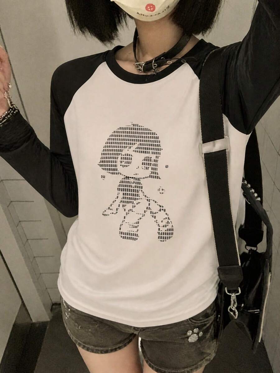 1pc Y2K Korean Japanese Ins Style Women's Color Block Raglan Sleeve Pixel Cartoon Print Casual Versatile Retro Streetwear Loose Long Sleeve White Top - White - View 1