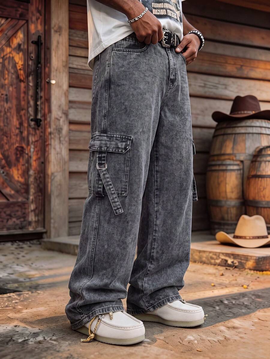 Men's Black & Grey Washed Cargo Denim Jeans, Double Side Large Cargo Pockets With Ribbon Decor, Vintage Loose Casual Daily Streetwear Jeans - Black - View 1