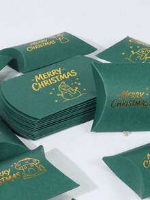 12PCS/Christmas Pillow Gift Boxes, Gold Foil Hot Stamping Xmas Treat Candy Boxes, 4.53*2.76 Inch Green Paper Favor Boxes, 6 Assorted Christmas Patterns For Party Small Gift Cookie Packaging - View 7