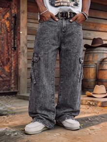Men's Black & Grey Washed Cargo Denim Jeans, Double Side Large Cargo Pockets With Ribbon Decor, Vintage Loose Casual Daily Streetwear Jeans - Black - View 2