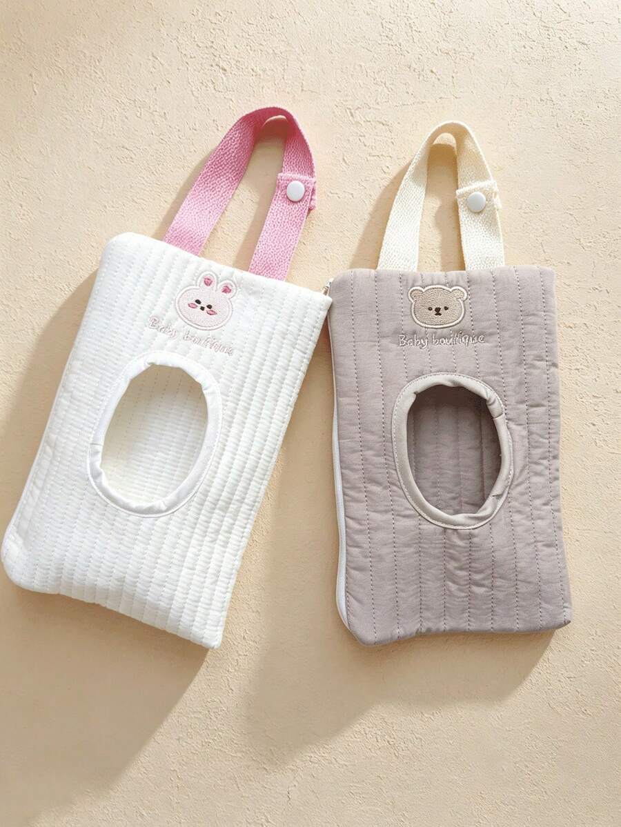 2pcs/1pc Letter Bear & Rabbit Cartoon Cute Embroidered Tissue Storage Handbag, Car Wet Wipe Bag, Portable Pull-Out Tissue Storage Bag - Multicolor - View 1