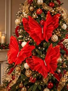 3pcs/Set Large Hanging Christmas Red Butterfly Decorations, 3D Laser Artificial Silk Realistic Butterflies, Suitable For Christmas Tree Decor, Christmas Fireplace Decor, Wedding, Birthday, Home And Living Room - Butterfly - View 5