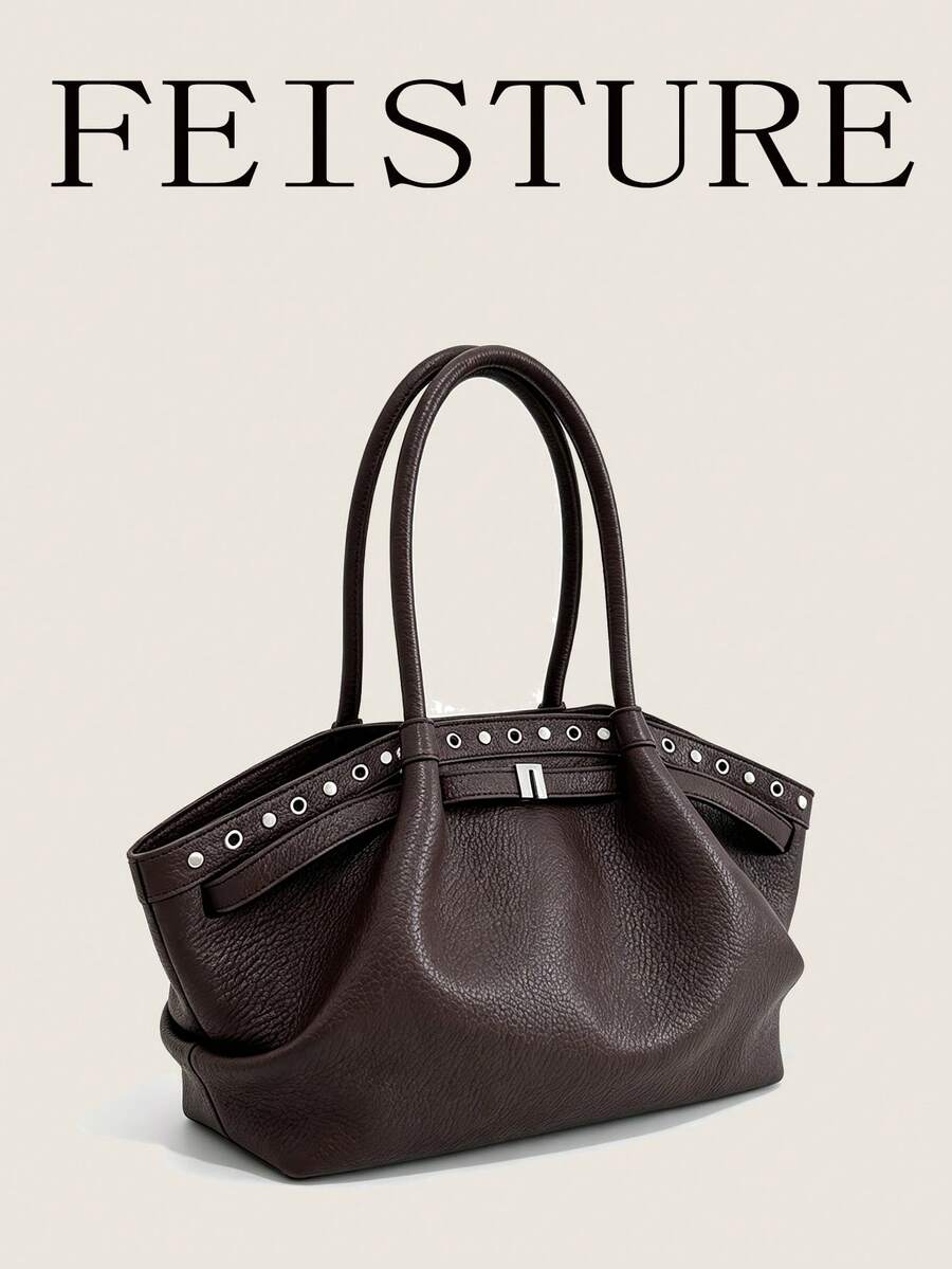 FEISTURE 1pc Large Capacity Women's Rivet Embellished Shoulder Bag, Fashionable Tote Bag, Suitable For Girls, Women, College Students, New Professionals And White-Collar Workers, Perfect For Work, Business, Commuting, School