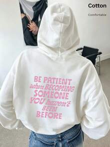 Oversized Women's Sweatshirt For Autumn And Winter, Long-Sleeve Hoodie With Pockets, Casual Top, Y2k Style, Daily Letter Slogan Graphic, Black Unisex - White - View 1