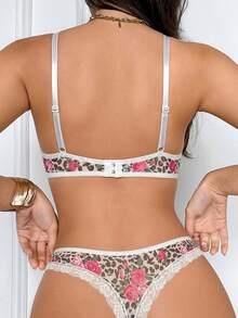 Aesletic 1 Set Women's Lingerie Set Lace Patchwork Leopard Print Rose Print Elegant Sexy Thin Cup Bra And Panty Set - Multicolor - View 3