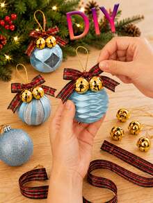 1/6/12/24pcs Ice Blue Christmas Ball Ornament Set With Gold Bells And Plaid Ribbons, Mixed Color Christmas Tree Hanging Balls, DIY Holiday Decoration, Gift Wrapping, Fireplace, Home And Holiday Party Decor - Multicolor - View 2