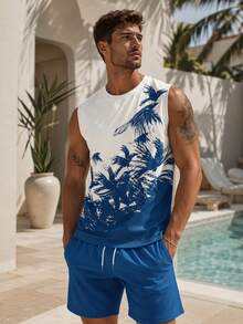 Men's Bird Print Crew Neck Tank Top And Shorts Casual Vacation Beach Set - Blue - View 1
