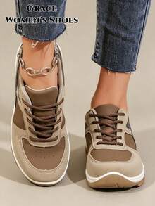 Women's Casual Sports Loafers, Round Toe Lace-Up Design, Suitable For Spring/Summer Outdoor Activities, Athletic Shoe Style - Brown - View 2