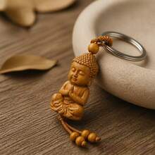 1pc Wooden Buddha Keychain, Natural Wood Monk Pendant, Suitable For Bags And Car Keys, Zen Good Luck Amulet, Spiritual Protection Gift For Men And Women - Rust Brown - View 8