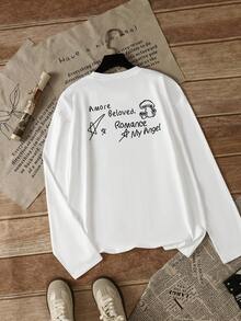 Women's American Vintage Round Neck Star & Letter Print Long Sleeve T-Shirt, Loose Fit Design Base Layer Top For Autumn - White - View 7