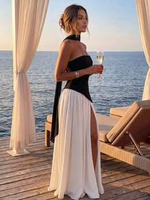 Women's Elegant Patchwork Spaghetti Strap Backless High Slit Dress, Suitable For Wedding Guest, Party And Vacation, Spring/Summer Fall - Black and White - View 2