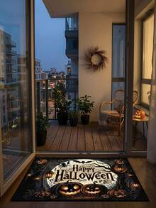 1PC Black Background Orange Yellow Full Moon Pumpkin Lantern Bat Pattern Entryway Doormat, Vintage Halloween Style Crystal Velvet Rectangular Spider Web Street Light Detail Machine Washable Doormat, Suitable For Halloween Party Entrance Garden Decor - Multicolor - View 2