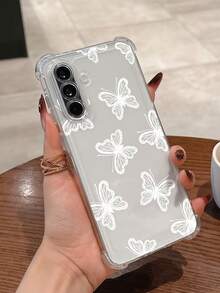 1pc Transparent Phone Case With White Lace Butterfly Pattern, Beautiful Line Art White Butterfly Design Transparent Anti-Drop Soft TPU Phone Protective Cover Compatible With Android Devices, Suitable For GALAXY, HONOR, Phones - Clear - View 3